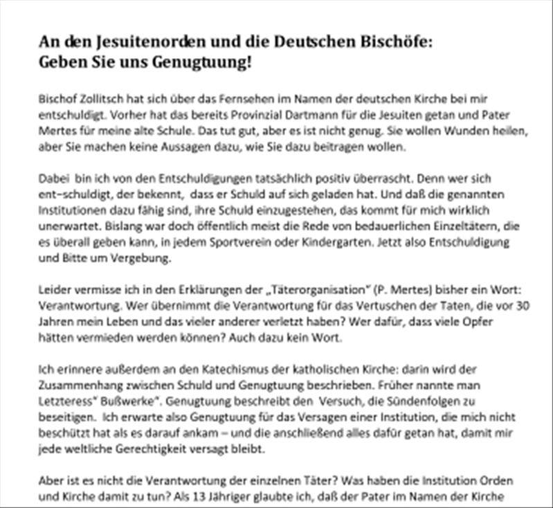 Offener Brief an den Jesuitenorden und die deutschen Bischöfe Eckiger